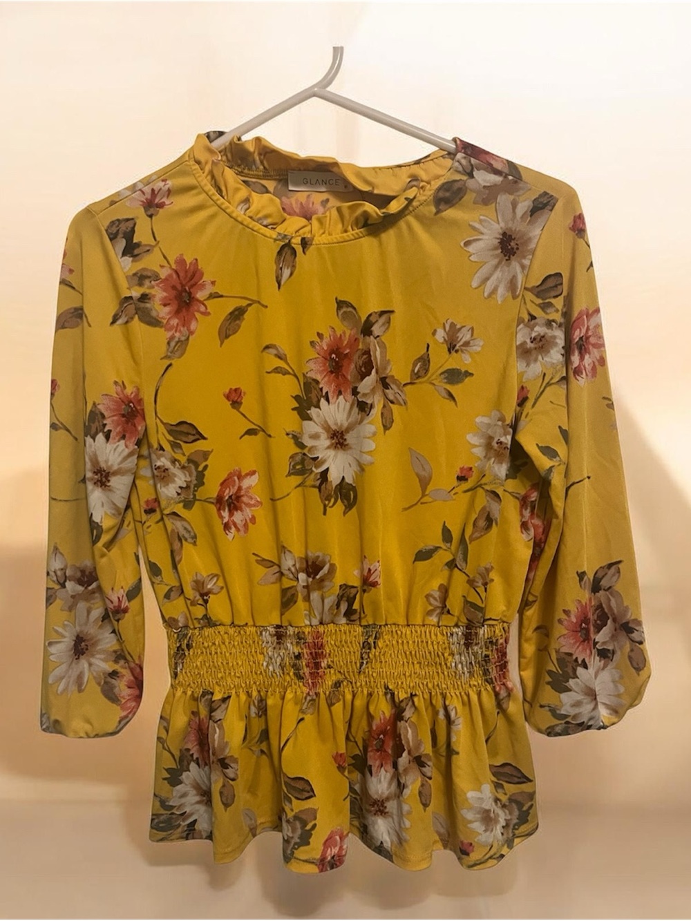 Glance Women's Yellow Floral Smocked Peplum Blouse